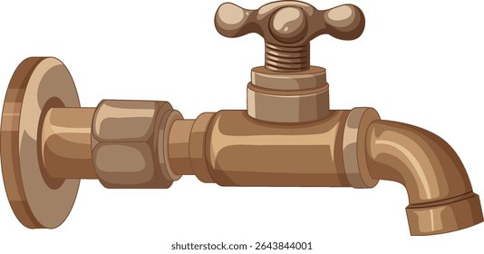 Detailed vector illustration of a vintage brass water faucet, showcasing realistic textures and warm tones in a classic style