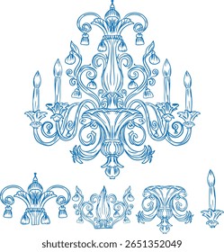 A detailed vector illustration of a vintage chandelier in line art style. Features intricate ornamental elements and candle-style lights, perfect for elegant design projects, luxury invitations, class
