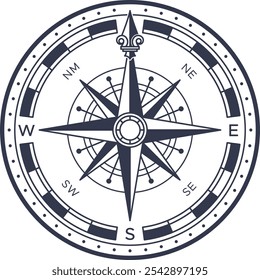 Detailed vector illustration of a vintage compass rose, indicating the four cardinal directions and intercardinal directions, useful for navigation and exploration