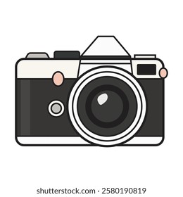 A detailed vector illustration of a vintage photo camera, featuring a classic design with a large lens, metal body, and leather accents. 