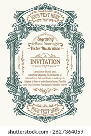 Detailed vector illustration of a vintage style invitation frame with ornate engravings, floral scrollwork, and customizable text areas.