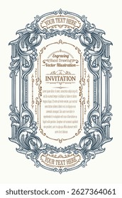 Detailed vector illustration of a vintage style invitation frame with ornate engravings, floral scrollwork, and customizable text areas.
