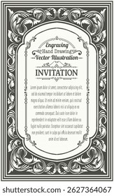 Detailed vector illustration of a vintage style invitation frame with ornate engravings, floral scrollwork, and customizable text areas.