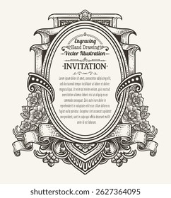 Detailed vector illustration of a vintage style invitation frame with ornate engravings, floral scrollwork, and customizable text areas.