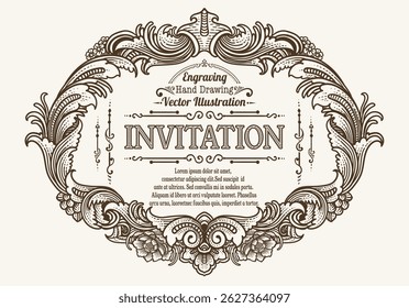 Detailed vector illustration of a vintage style invitation frame with ornate engravings, floral scrollwork, and customizable text areas.