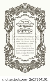 Detailed vector illustration of a vintage style invitation frame with ornate engravings, floral scrollwork, and customizable text areas.