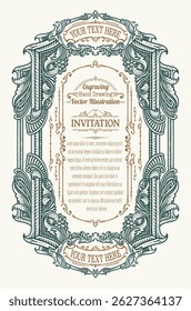 Detailed vector illustration of a vintage style invitation frame with ornate engravings, floral scrollwork, and customizable text areas.