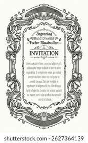 Detailed vector illustration of a vintage style invitation frame with ornate engravings, floral scrollwork, and customizable text areas.