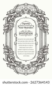 Detailed vector illustration of a vintage style invitation frame with ornate engravings, floral scrollwork, and customizable text areas.