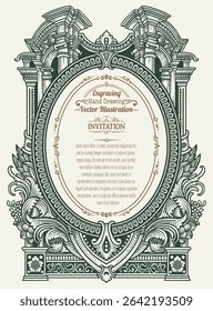 Detailed vector illustration of a vintage style invitation frame with ornate engravings, floral scrollwork, and customizable text areas