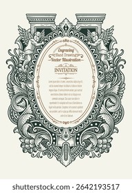 Detailed vector illustration of a vintage style invitation frame with ornate engravings, floral scrollwork, and customizable text areas