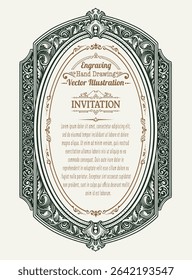 Detailed vector illustration of a vintage style invitation frame with ornate engravings, floral scrollwork, and customizable text areas