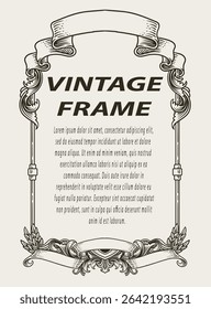 Detailed vector illustration of a vintage style invitation frame with ornate engravings, floral scrollwork, and customizable text areas.