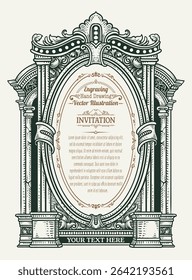 Detailed vector illustration of a vintage style invitation frame with ornate engravings, floral scrollwork, and customizable text areas