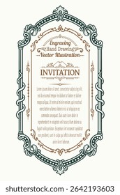 Detailed vector illustration of a vintage style invitation frame with ornate engravings, floral scrollwork, and customizable text areas