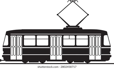 A detailed vector illustration of a vintage-style tram featuring a pantograph connected to overhead electrical wires, ideal for transportation or city-themed projects.