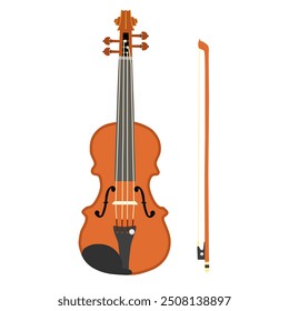 Detailed vector illustration of a violin with a bow. Perfect for music-themed projects, educational materials, or instrument guides