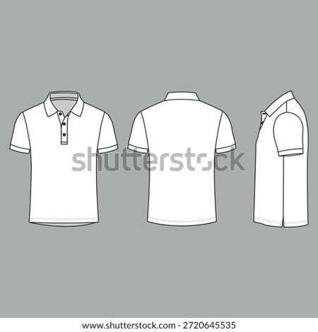 A detailed vector illustration of a white polo shirt shown from the front back and side showcasing its collar short sleeves and buttoned placket on a gray background