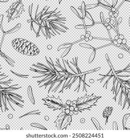 A detailed vector illustration of winter foliage, including mistletoe and holly leaves, arranged in a seamless pattern. The black and white design is ideal for creating holiday themed wrapping paper