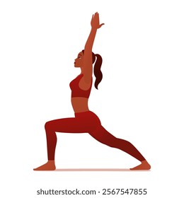 A detailed vector illustration of a woman performing the Warrior Pose Virabhadrasana in yoga. She is depicted wearing a modern fitness outfit in a vibrant red color, embodying strength, balance, and