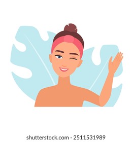 Detailed vector illustration of a woman winking and waving.