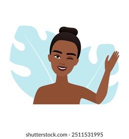 Detailed vector illustration of a woman winking and waving.