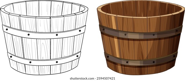 Detailed vector illustration of a wooden bucket, showcasing both colored and line art styles, emphasizing texture and craftsmanship