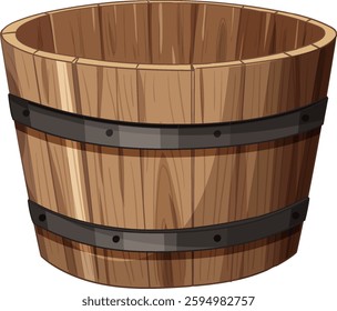 Detailed vector illustration of a wooden bucket with metal bands, showcasing realistic textures and shading in a classic style