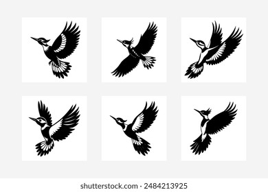 Una Ilustración vectorial detallada de un pájaro carpintero en pleno vuelo, las alas se extienden ampliamente, con plumas vibrantes y líneas de movimiento dinámicas.