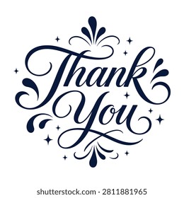 A detailed vector illustration of the words thank you in elegant hand lettering with decorative flourishes and sparkles against a clean white background.
