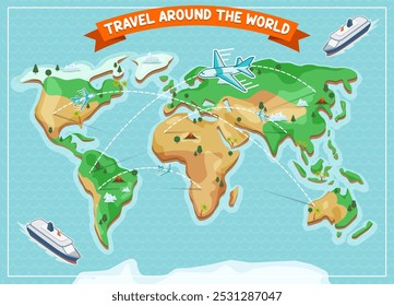 A detailed vector illustration of a world map featuring vibrant colors, clear country borders, and travel icons, perfect for trip planning or educational purposes.