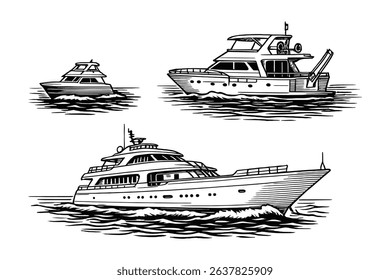 Detailed Vector Illustration of Yachts on Water, Black and White Nautical Style