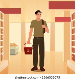 A detailed vector illustration of a young man standing in a supermarket aisle, holding a red shopping basket and a backpack. The setting includes well-lit shelves and a clean, modern interior design