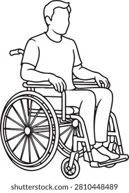 Detailed vector illustration of a young man sitting comfortably in a modern medical manual wheelchair