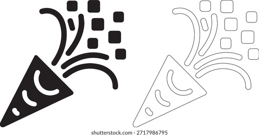 Detailed vector illustrations of black and white party horns with confetti and bursts, in a simple and modern style, with bold lines and geometric shapes.