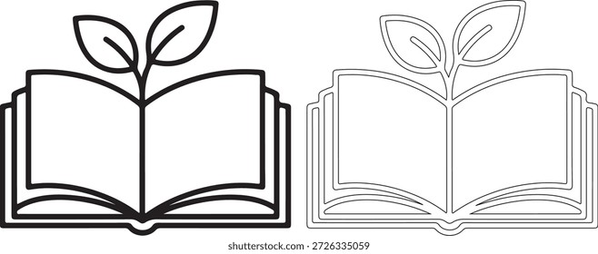 Detailed vector illustrations of an open book with leaves growing out of it in black and white line art on a white background