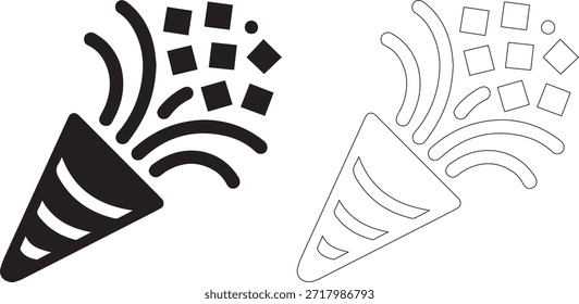 Ilustraciones vectoriales detalladas de cuernos de fiesta con confeti, aislados sobre un fondo blanco puro, en un estilo simple y moderno, con líneas audaces y Formas geométricas.