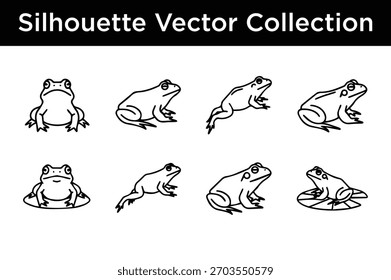 Ilustraciones vectoriales detalladas que muestran una variedad de siluetas de ranas en diferentes poses naturales, ideales para proyectos de diseño.