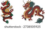 Detailed vector illustrations of two majestic Chinese dragons, adorned with golden elements, representing ancient mythology, power, and good fortune in East Asian culture.