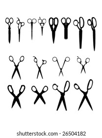 Detailed vector illustrations of a variety of different scissors.