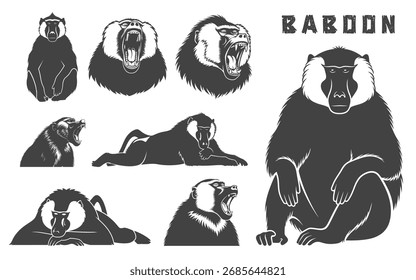 Detailed Vector Illustrations of Various Baboon Poses and Expres