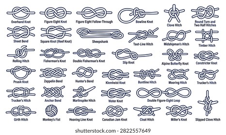 Detailed vector illustrations of various sailing and boating knots. Includes overhand knot, bowline knot, sheet bend, and more. Essential for marine activities, survival guides, and technical drawings.
