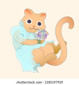 Detailed vector image; cat in a dress with a bouquet