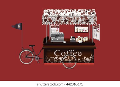 Detailed vector image. Coffee street bicycle cart.