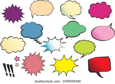 A detailed vector image of a typical comic book page with pop balloons, symbols, sound effects, and colored halftone backgrounds.