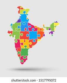 Detailed Vector India Country Map With Puzzle Pieces Isolated On Background. Flat State Template Travel Pattern, Report, Infographics, Backdrop. National Jigsaw Sign Concept. Toy, Baby Style.