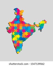 Detailed Vector India Country Map With Puzzle Pieces Isolated On Background. Flat State Template Travel Pattern, Report, Infographics, Backdrop. National Jigsaw Sign Concept. Toy, Baby Style.