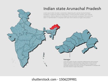 Detailed vector India country outline border map isolated on background. Arunachal Pradesh state, region, area, province, territory, department for your report, infographic, backdrop, business concept