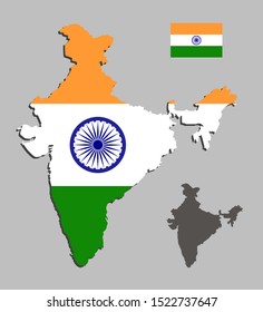 Detailed vector India country outline map and flag isolated on background. State, region, area, province, territory, department for your report, infographic, backdrop, business concept.