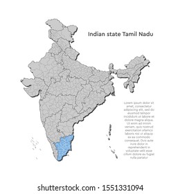 Detailed vector India country outline border map isolated on background. Tamil Nadu state, region, area, province, territory, department for your report, infographic, backdrop, business concept.